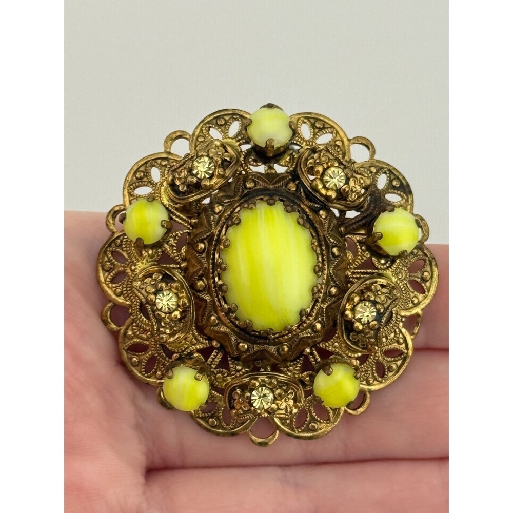 Vintage Unsigned West Germany Filigree Yellow Cabochon Rhinestone Brooch READ